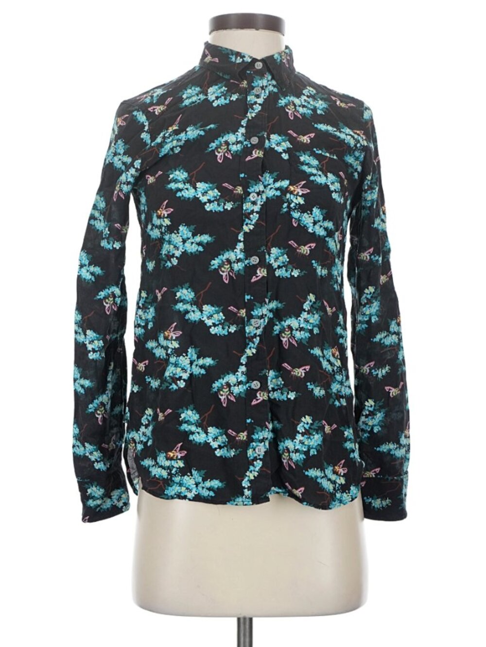 J.Crew Botanical Bees Floral Long Sleeve Tie Neck Blouse SILK Teal Black Size 0